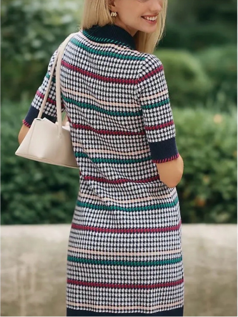 Maeve Houndstooth Knit Shirt Dress in Navy, Green & Red - Picture 2 of 4